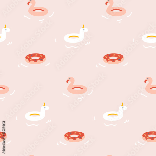 Seamless pattern with floating swim rings - unicorn, flamingo and donut. Seamless design with trendy drawing on pink background. Flat vector illustration