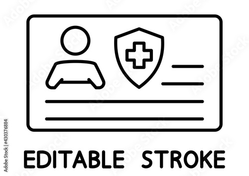 Vaccination certificate against covid-19 with shield icon. Medical card or passport for travel or shopping in time pandemic. Immune card. Immunization concept. Editable stroke. Vector