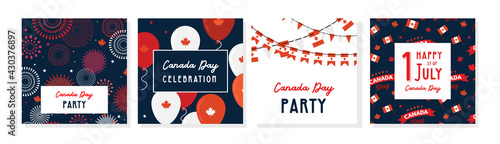1 July. Happy Canada Day greeting card set . Celebration banner with flying balloons in canadian flag colors.
