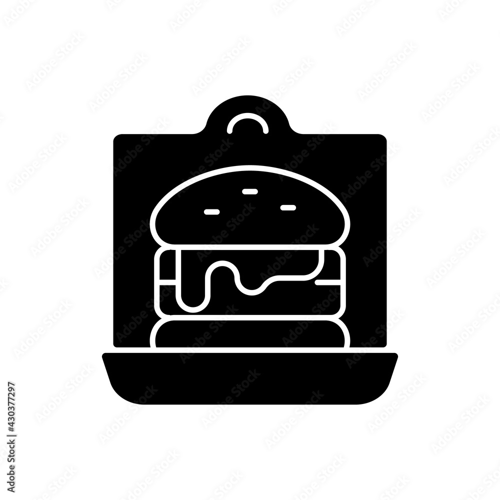 Takeaway sandwiches and burgers black glyph icon. Salads and meat between two bread slices. Fast-food restaurants. Cooked patties. Silhouette symbol on white space. Vector isolated illustration Takeaway sandwiches and burgers black glyph icon. Salads and meat between two bread slices. Fast-food restaurants. Cooked patties. Silhouette symbol on white space. Vector isolated illustration