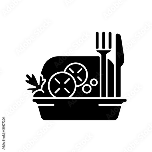 Takeaway salads black glyph icon. Healthy food delivery. Green, seafood, meat salad. Raw greens, veggies mixture. Low in calories meal. Silhouette symbol on white space. Vector isolated illustration