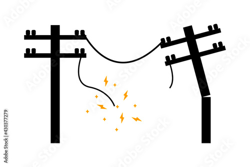 Electric wire of broken high voltage pole is damaged and short circuit flat icon vector.