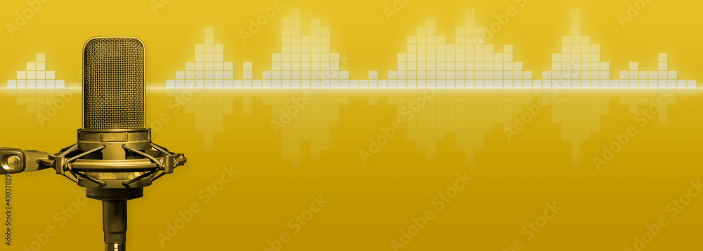 Broadcast, radio or podcast banner with microphone and digital audio  waveform on yellow background with copy space Photos | Adobe Stock