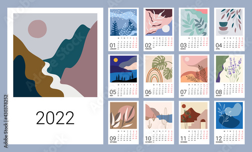 Calendar template for 2022. Vertical design with abstract natural patterns. Editable illustration, set of 12 months with a cover. Vector mesh. Week starts on Monday