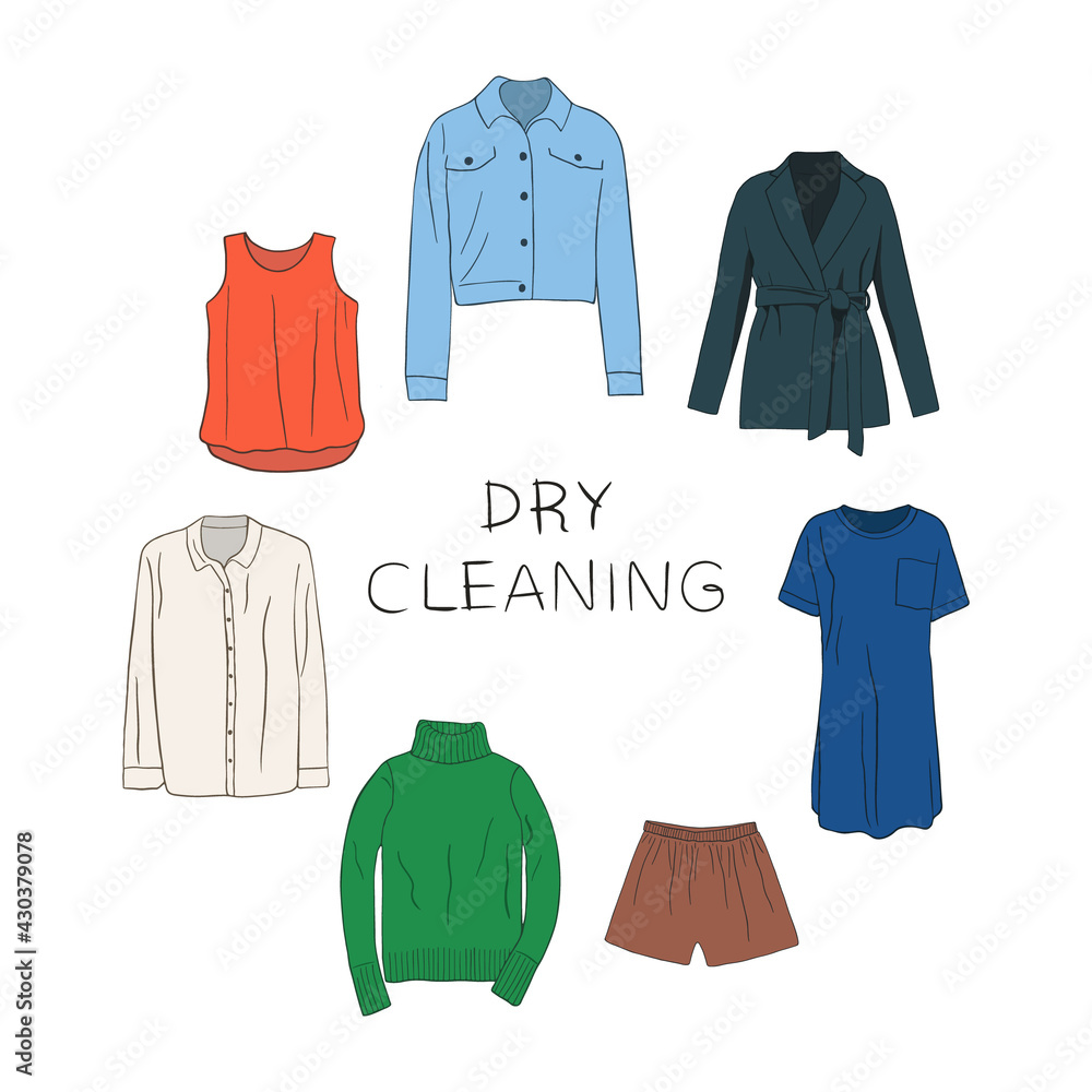 Greeting card with fashionable clothes and text. Collection of fashionable clothes for work or walking, isolated on white. Colored stylish T-shirt, dress, trousers, shirt, coat and jacket. Vector Greeting card with fashionable clothes and text. Collection of fashionable clothes for work or walking, isolated on white. Colored stylish T-shirt, dress, trousers, shirt, coat and jacket. Vector