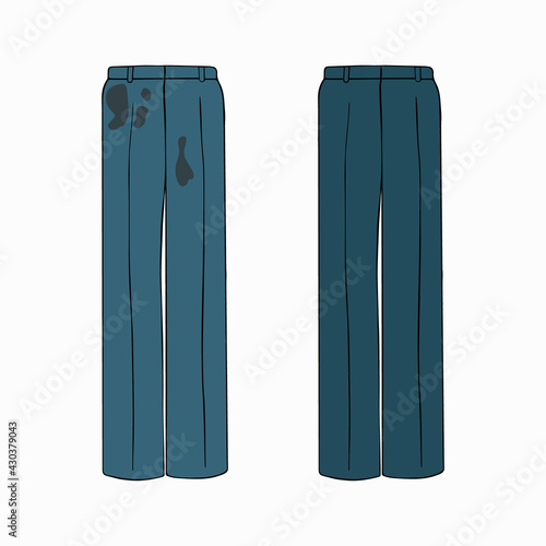 Dirty untidy casual trousers with spots and neat clean clothes. Clean, fresh laundry with removed dirt and stains. Dirty and washed laundry. Colored flat vector illustration