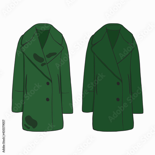 Dirty untidy casual coat with spots and neat clean clothes. Clean, fresh laundry with removed dirt and stains. Dirty and washed laundry. Colored flat vector illustration