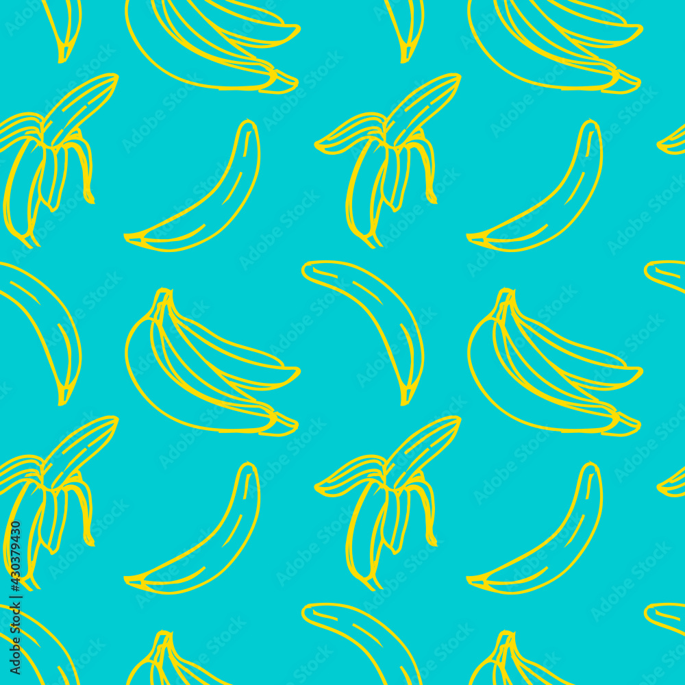 Vector seamless pattern with illustration of bananas in line art yellow color on a blue