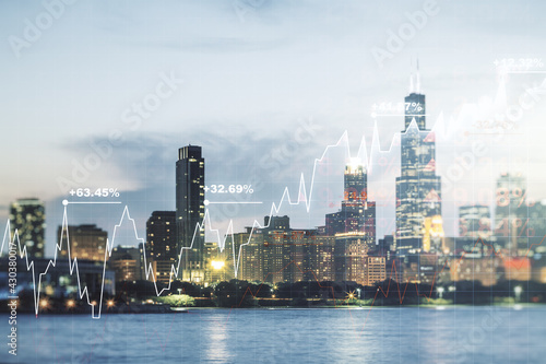 Abstract virtual financial graph hologram on Chicago cityscape background, financial and trading concept. Multiexposure