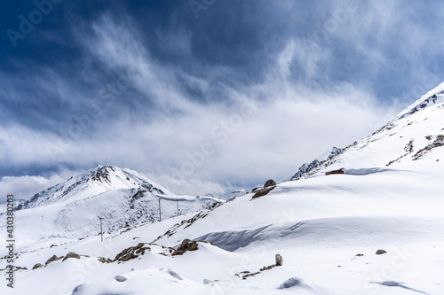 Beautiful mountains covered in snow during the winter season in Ladakh.