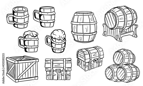 Wooden barrels, chests, beer or ale mugs. Wooden crafts. Box. Barrels for wine. Vector illustration isolated.