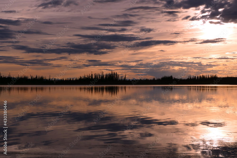 Panoramic Alaska landscape sunset view with lake, boreal forest and mountains Panoramic Alaska landscape sunset view with lake, boreal forest and mountains