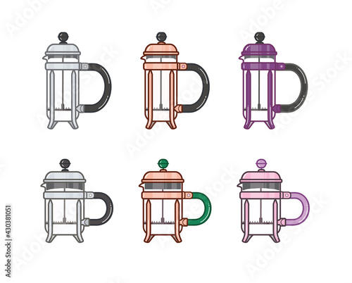 Set of French press coffee maker at home in flat vector illustration art design