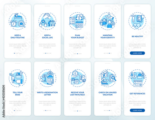 Job transition onboarding mobile app page screen set with concepts. Work change tips walkthrough 5 steps graphic instructions. UI, UX, GUI vector template with linear day mode illustrations