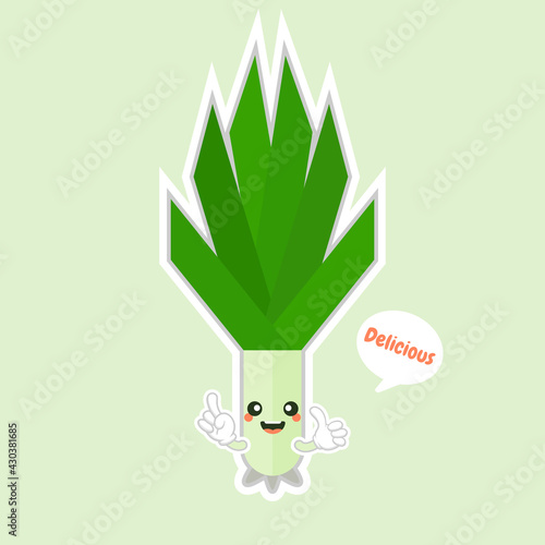 cute scallion cartoon character. kawaii smiling leek vegetable cartoon illustration