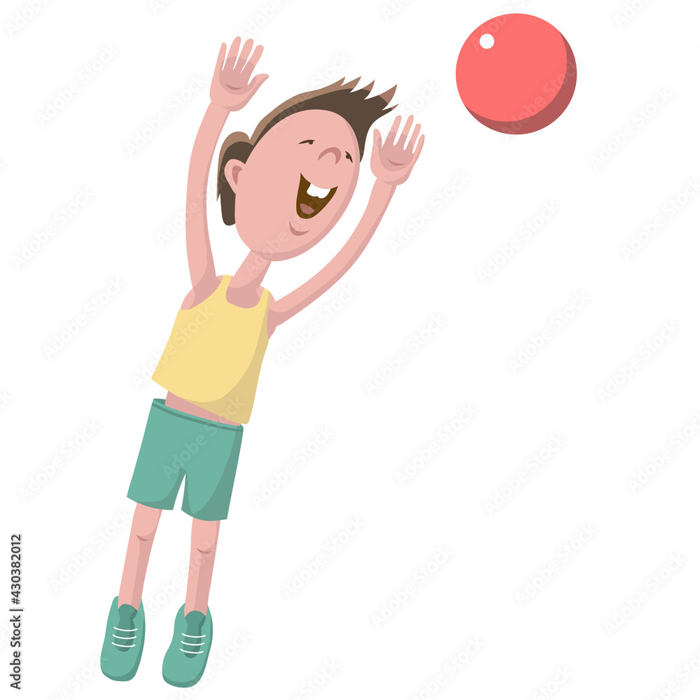 The happy boy throws the ball up over white background. The happy boy throws the ball up over white background.