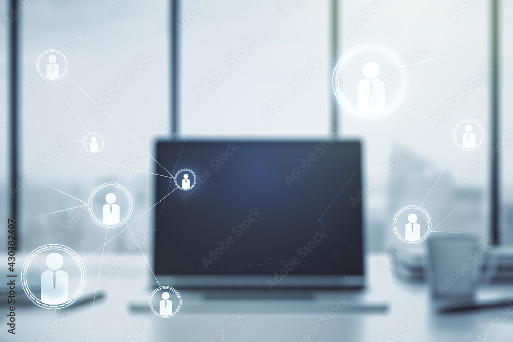 Fototapeta premium Double exposure of social network icons concept with modern laptop on background. Marketing and promotion concept