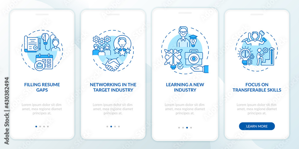 Transition job pros onboarding mobile app page screen with concepts. Career change benefits walkthrough 4 steps graphic instructions. UI, UX, GUI vector template with linear day mode illustrations Transition job pros onboarding mobile app page screen with concepts. Career change benefits walkthrough 4 steps graphic instructions. UI, UX, GUI vector template with linear day mode illustrations