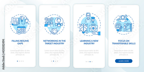 Transition job pros onboarding mobile app page screen with concepts. Career change benefits walkthrough 4 steps graphic instructions. UI, UX, GUI vector template with linear day mode illustrations