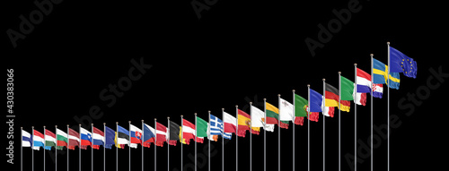 27 waving flags of countries of European Union  EU . Black background. 3D illustration.