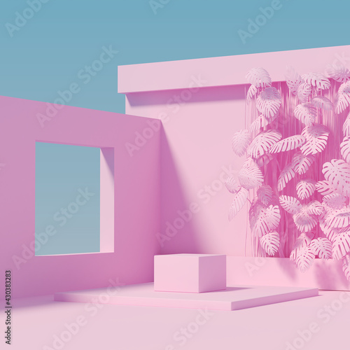 Monochromatic pink product podium, design for cosmetics or product stand, 3D rendering
