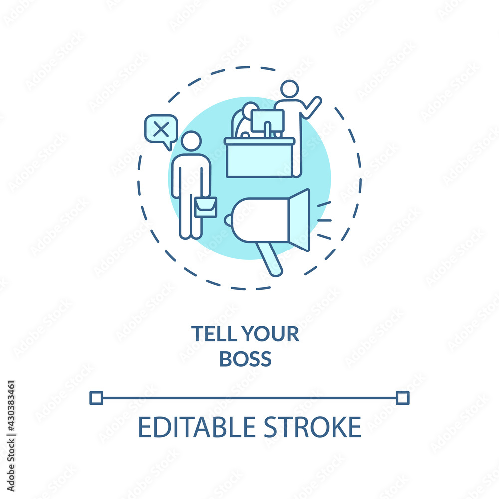 Tell your boss concept icon. Job resignation step idea thin line illustration. Communicate with your employer. Career change notice. Vector isolated outline RGB color drawing. Editable stroke Tell your boss concept icon. Job resignation step idea thin line illustration. Communicate with your employer. Career change notice. Vector isolated outline RGB color drawing. Editable stroke