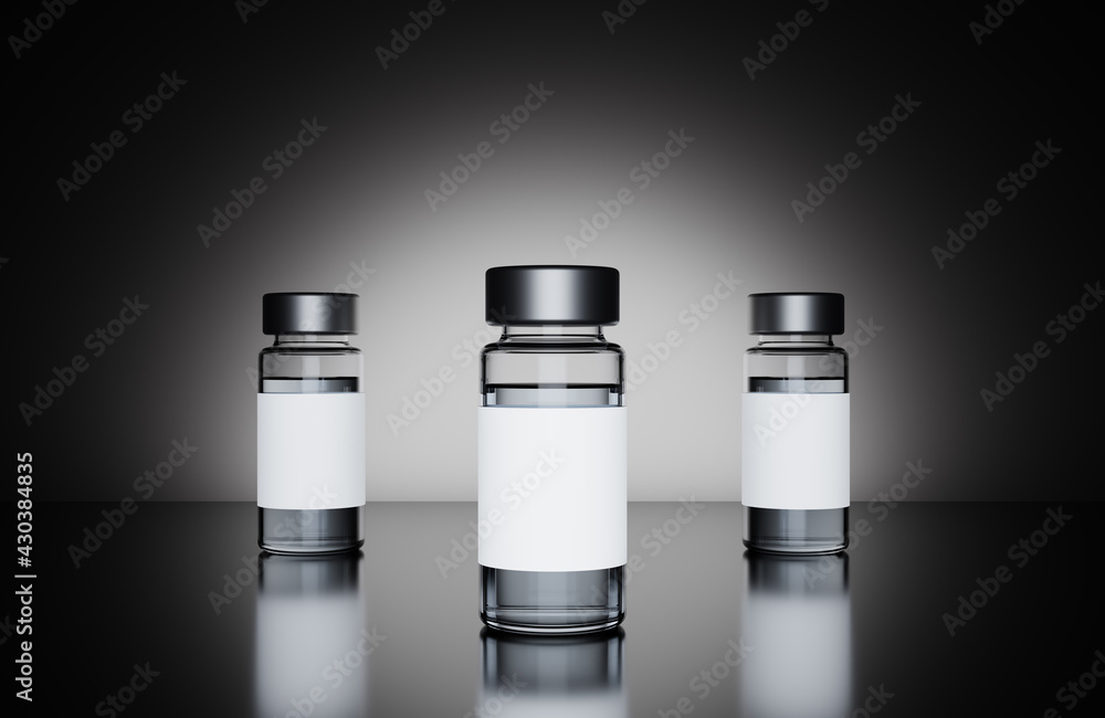 Three vaccine bottle medical vial mockup 3D rendering