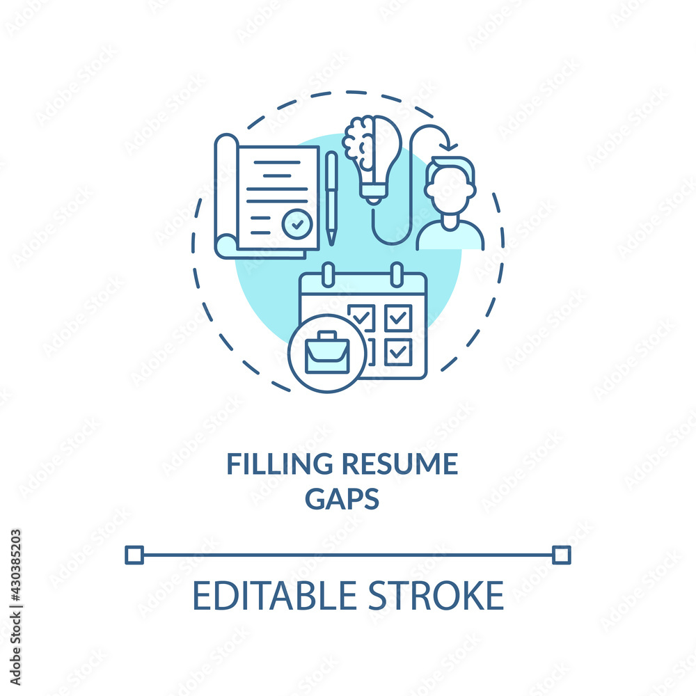 Filling resume gaps concept icon. Absorb new knowledge idea thin line illustration. Transition job benefit. Be productivity. Vector isolated outline RGB color drawing. Editable stroke Filling resume gaps concept icon. Absorb new knowledge idea thin line illustration. Transition job benefit. Be productivity. Vector isolated outline RGB color drawing. Editable stroke