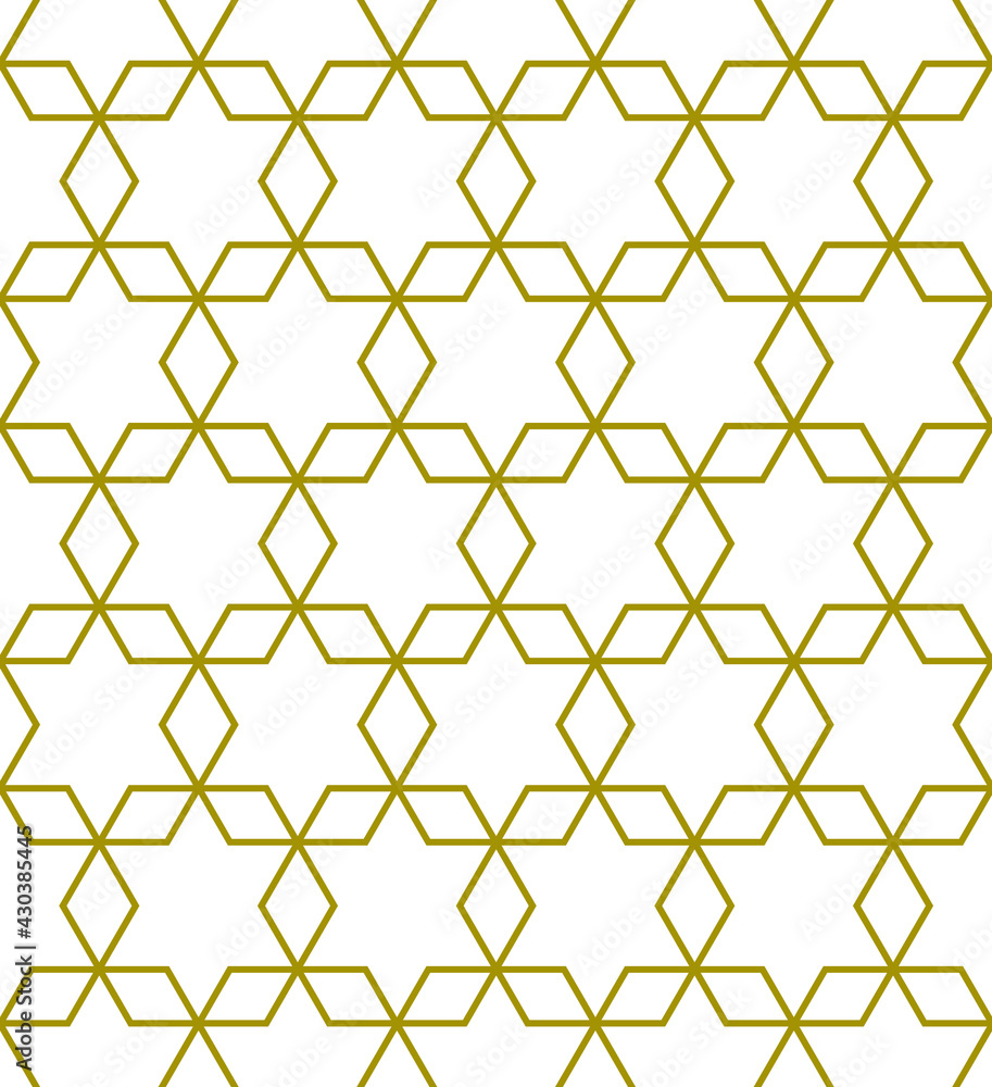 Overlapping hexagon outlines in gold color make a repeating star pattern on a white background, geometric vector illustration Overlapping hexagon outlines in gold color make a repeating star pattern on a white background, geometric vector illustration