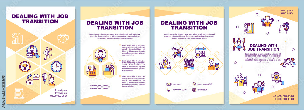 Dealing with job transition brochure template. Way to success. Flyer, booklet, leaflet print, cover design with linear icons. Vector layouts for presentation, annual reports, advertisement pages Dealing with job transition brochure template. Way to success. Flyer, booklet, leaflet print, cover design with linear icons. Vector layouts for presentation, annual reports, advertisement pages