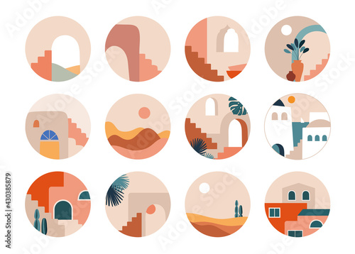 Abstract fresh and trendy design, set of modern circle highlight templates with exotic places, boho travel icons, desert landscapes