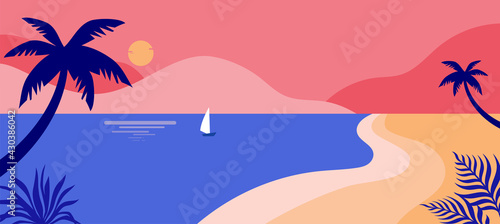 Summer time fun concept design. Creative background of landscape, panorama of sea and beach on air balloon. Summer sale, post template