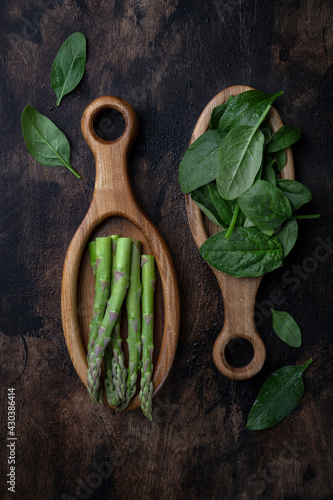 background with Green asparagus and fresh spinach