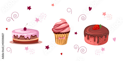 Set of sweet desserts. Cakes with chocolate, strawberries, cherries, cupcake. Vector illustration isolated on white background. Cartoon style