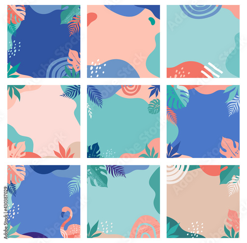 Abstract fresh and trendy design, set of modern summer sale post templates with rainbow, flamingo, pineapple, ice cream and watermelon 