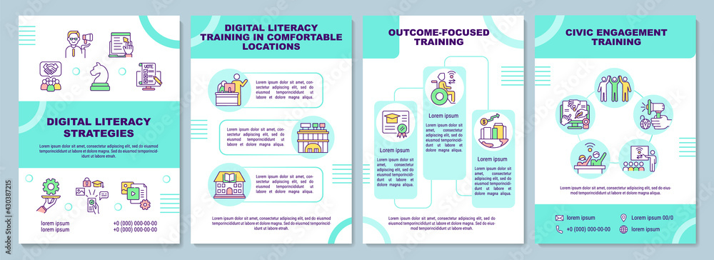 Digital literacy strategies brochure template. Skills training. Flyer, booklet, leaflet print, cover design with linear icons. Vector layouts for presentation, annual reports, advertisement pages