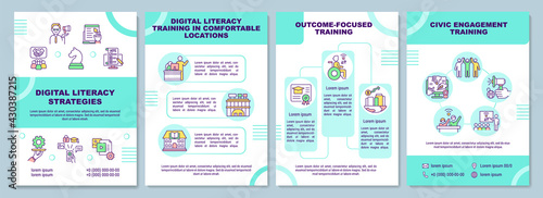 Digital literacy strategies brochure template. Skills training. Flyer, booklet, leaflet print, cover design with linear icons. Vector layouts for presentation, annual reports, advertisement pages