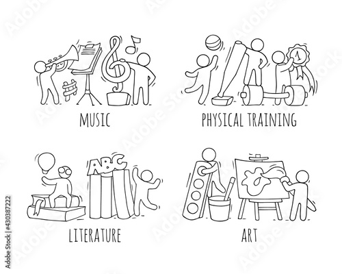 School icons set with studing little people