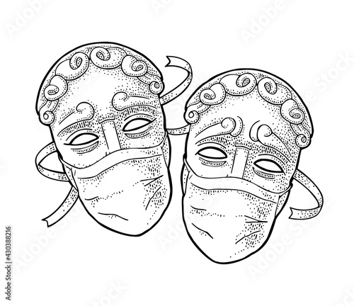 Comedy and tragedy theater disguises with medical masks. Vector engraving