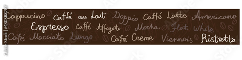 Horizontal banner with names of coffee drinks on the brown background with drawings of leaves and coffee beans vector illustration