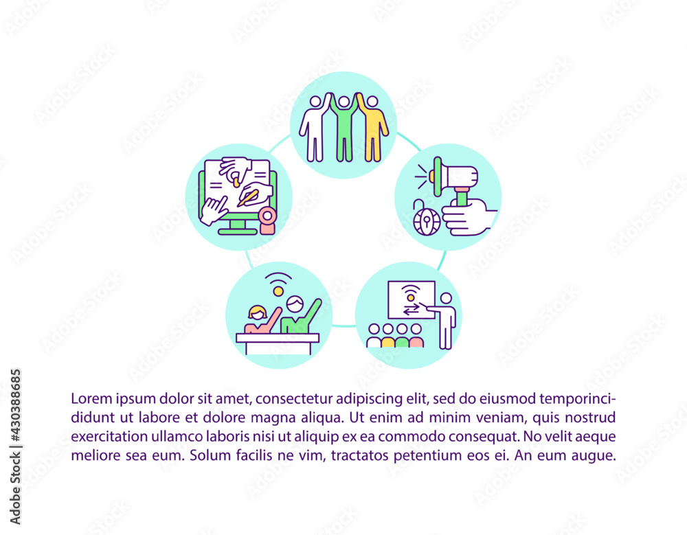 Civic engagement in digital age concept line icons with text. PPT page vector template with copy space. Brochure, magazine, newsletter design element. Digital media use linear illustrations on white