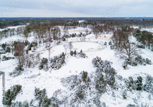 Aerial view of frozen fen in a forest covered with snow, Buurserzand, Twente, Netherlands. photo