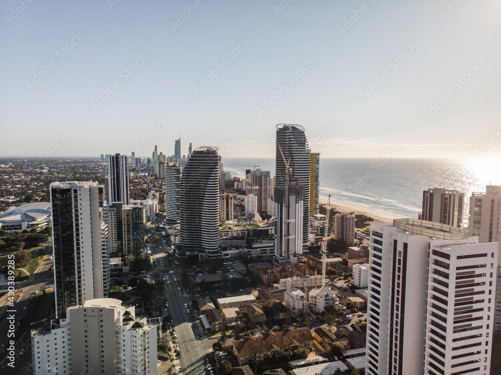 Aerial view of Broadbeach at sunrise, Gold Coast, Australia. Aerial view of Broadbeach at sunrise, Gold Coast, Australia.