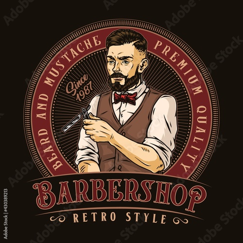 Barbershop vintage colorful round label