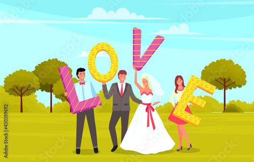 Newlyweds with friends pose for photo in city garden. Romantic day, smiling lovers outdoors. Wedding photoshoot, man and woman holding love accessory standing near wife and husband, family holiday