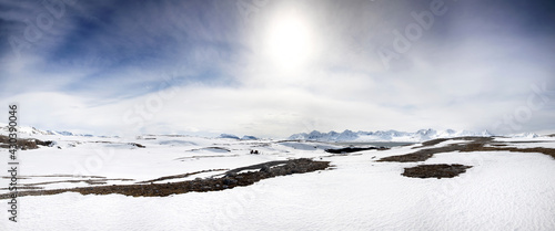 Panarama of the pristine mountains and fjords of Camp Mansfield, Svalbard