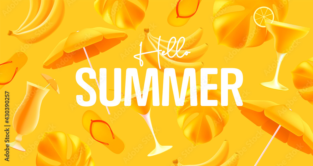 Hellow summer yellow mono color poster with yellow object like cocktails, sun unbrella and palm leaves with flop flops. 3d graphic