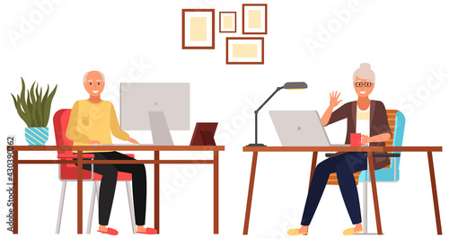Old people play video game. Modern senior people gadgets. Oldster education computer. Old progressive use modern technology. Learning to use PC. Elderly couple gadgets. Aging parents video conference