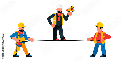 Builders and foreman with loudspeaker. Working with a rope, construction work manager. Vector illustration on white background