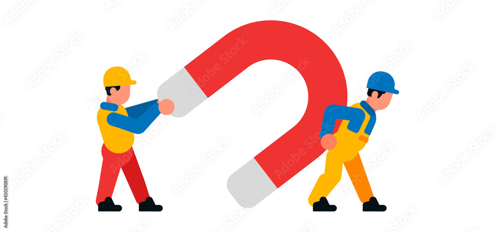 Workers carrying a large magnet. Builders and magnet. Attraction, strength, power. Vector illustration isolated on white background